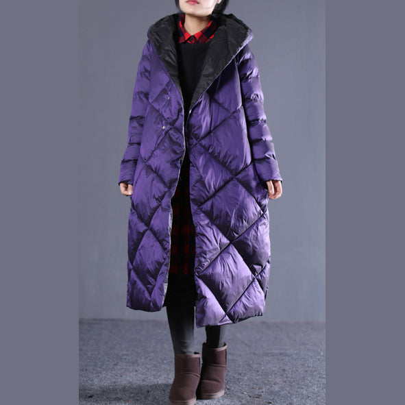 Fine Purple Winter Oversize Hooded Parka Pockets Zippered Cotton Overcoat