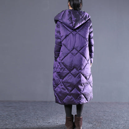 Fine Purple Winter Oversize Hooded Parka Pockets Zippered Cotton Overcoat