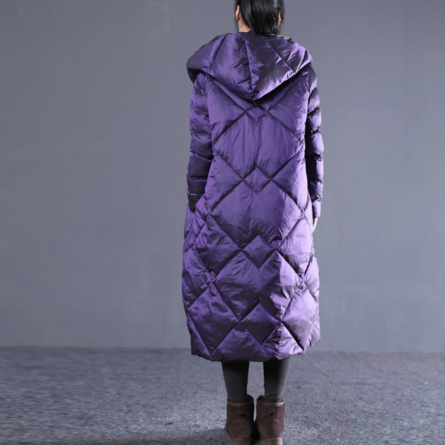 Fine Purple Winter Oversize Hooded Parka Pockets Zippered Cotton Overcoat