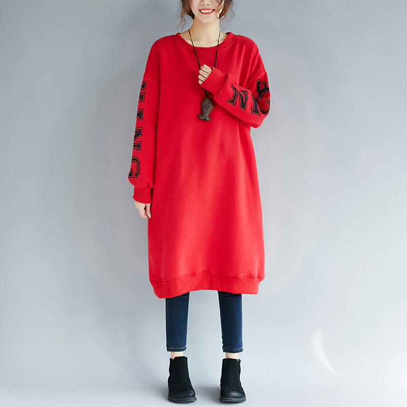 Fine Red Cotton Spring Dress Loose Fitting Cotton Caftans Alphabet Prints Cotton Clothing O Neck Dresses