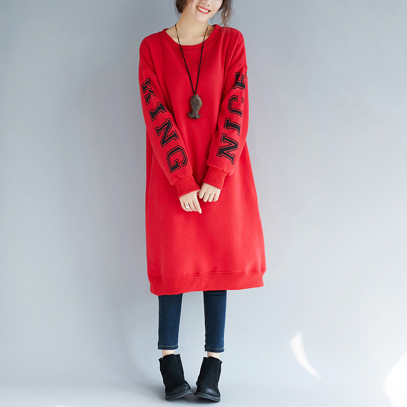 Fine Red Cotton Spring Dress Loose Fitting Cotton Caftans Alphabet Prints Cotton Clothing O Neck Dresses
