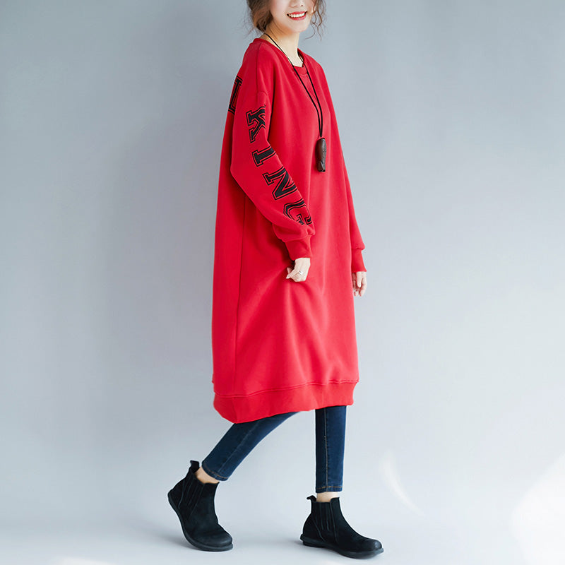 Fine Red Cotton Spring Dress Loose Fitting Cotton Caftans Alphabet Prints Cotton Clothing O Neck Dresses