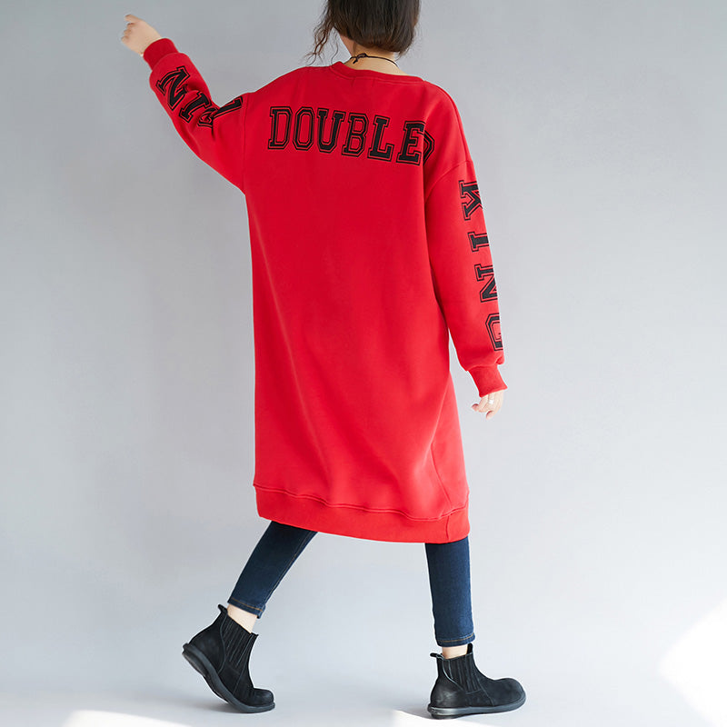 Fine Red Cotton Spring Dress Loose Fitting Cotton Caftans Alphabet Prints Cotton Clothing O Neck Dresses