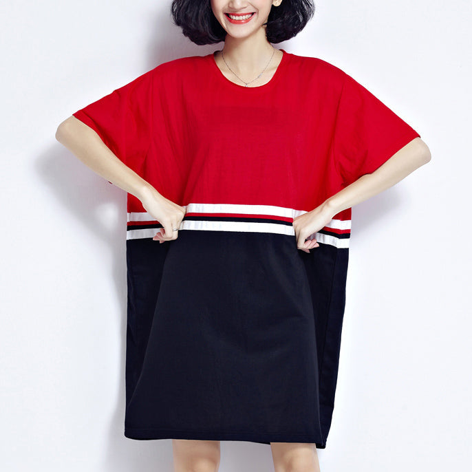 Fine Red Patchwork Cotton Shift Dresses Holiday Dresses Fine Loose Waist Short Sleeve Natural Cotton Dress