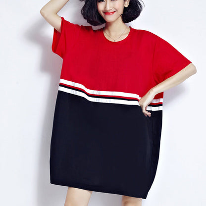Fine Red Patchwork Cotton Shift Dresses Holiday Dresses Fine Loose Waist Short Sleeve Natural Cotton Dress