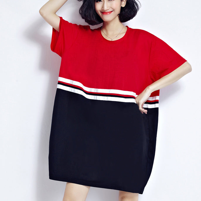 Fine Red Patchwork Cotton Shift Dresses Holiday Dresses Fine Loose Waist Short Sleeve Natural Cotton Dress