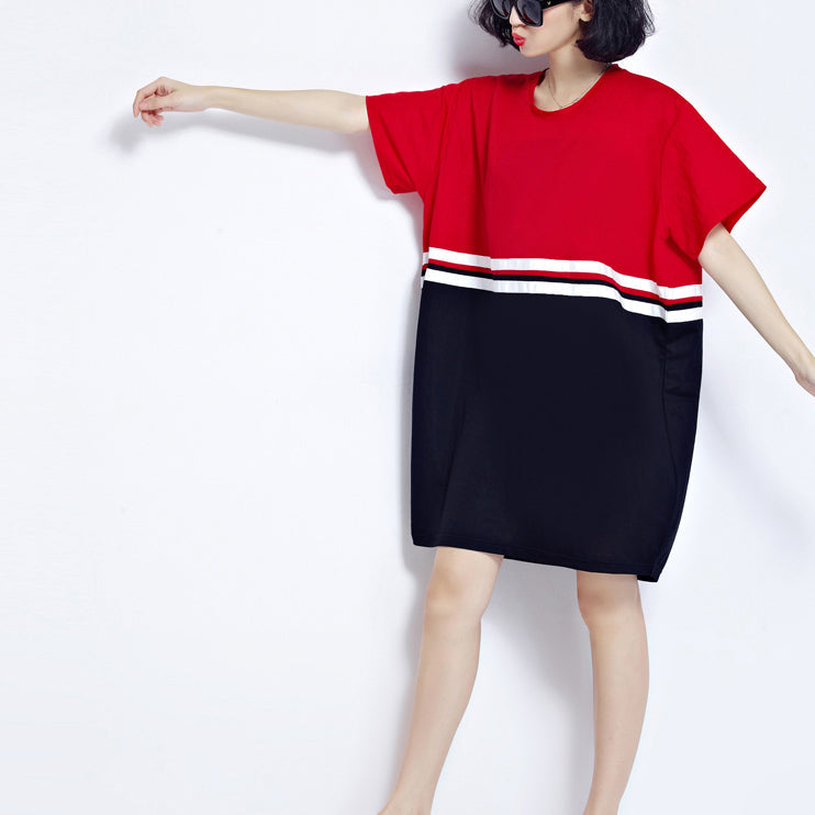 Fine Red Patchwork Cotton Shift Dresses Holiday Dresses Fine Loose Waist Short Sleeve Natural Cotton Dress