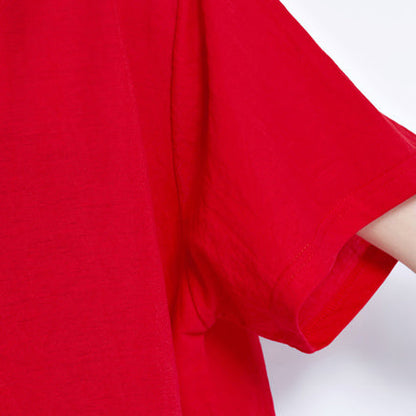 Fine Red Patchwork Cotton Shift Dresses Holiday Dresses Fine Loose Waist Short Sleeve Natural Cotton Dress