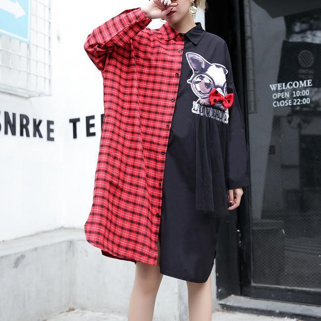 Fine Red Plaid Cotton Pullover Loose Fitting Cotton Maxi T Shirts Fine Side Open Patchwork Cotton Blouses