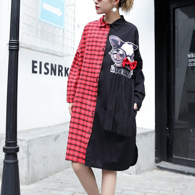 Fine Red Plaid Cotton Pullover Loose Fitting Cotton Maxi T Shirts Fine Side Open Patchwork Cotton Blouses