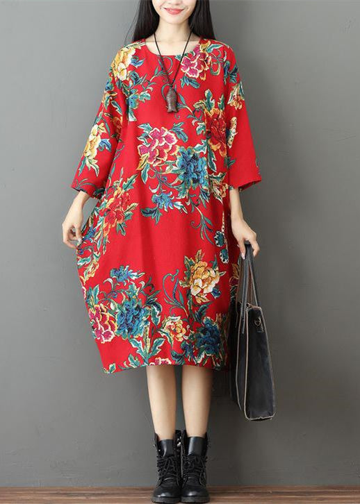 Fine Red Prints Midi-length Linen Dress Holiday O Neck Linen Cotton Dress