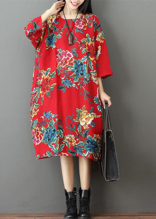 Fine Red Prints Midi-length Linen Dress Holiday O Neck Linen Cotton Dress