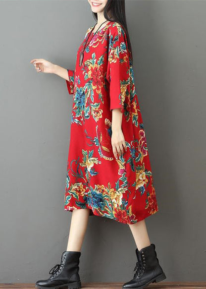 Fine Red Prints Midi-length Linen Dress Holiday O Neck Linen Cotton Dress