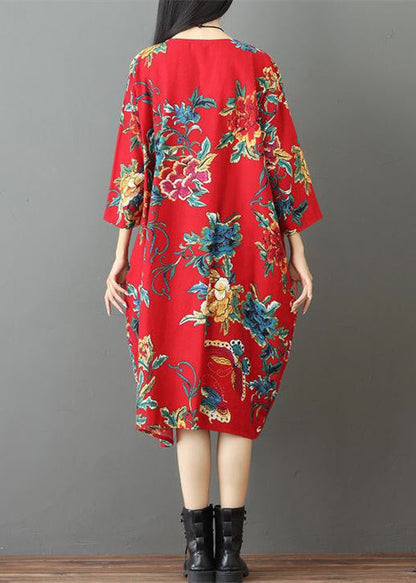 Fine Red Prints Midi-length Linen Dress Holiday O Neck Linen Cotton Dress