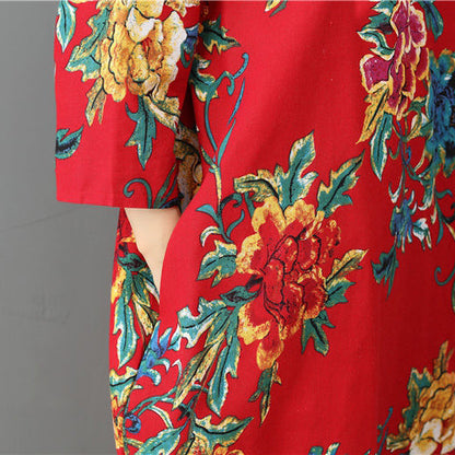 Fine Red Prints Midi-length Linen Dress Holiday O Neck Linen Cotton Dress