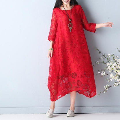 Fine Red Summer Hollow Out Maxi Dress O Neck Half Sleeve Summer Dress Asymmetric Chiffon Dress