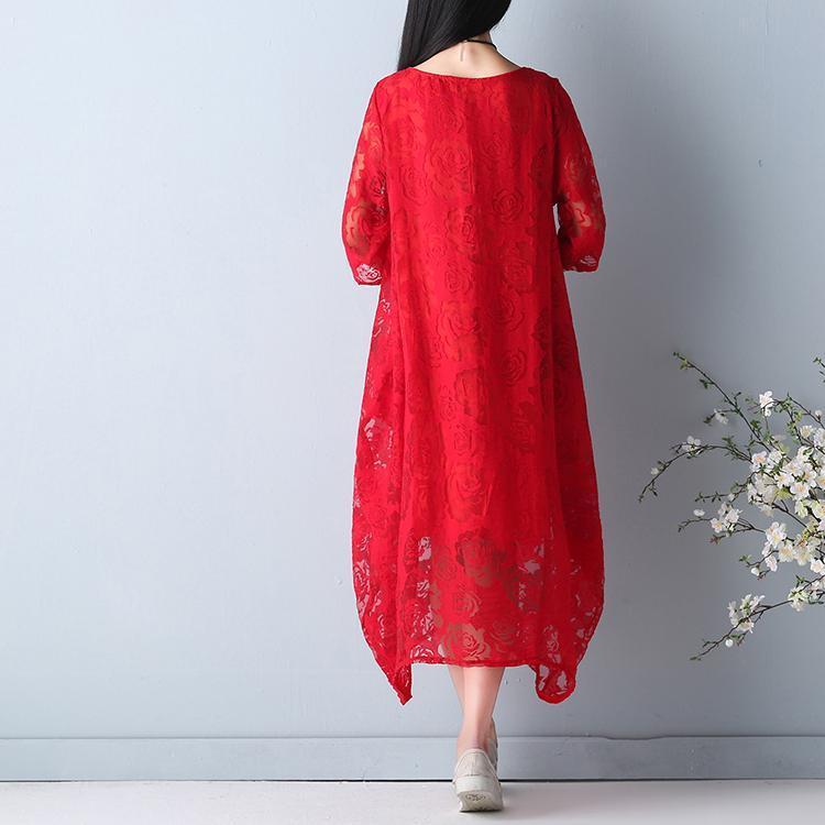 Fine Red Summer Hollow Out Maxi Dress O Neck Half Sleeve Summer Dress Asymmetric Chiffon Dress