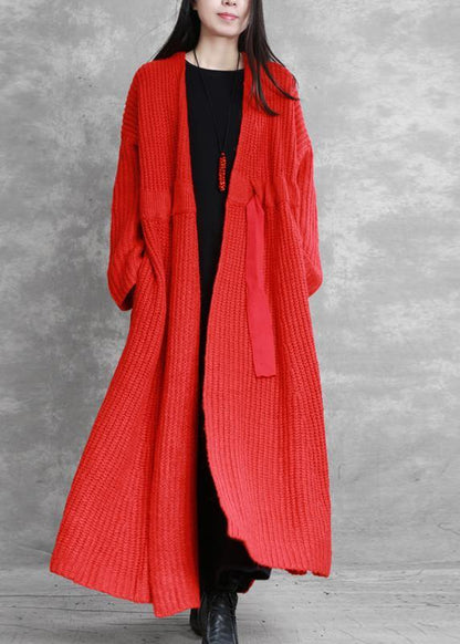 Fine Red Woolen Coats Loose Fitting V Neck Drawstring Long Jackets Coats