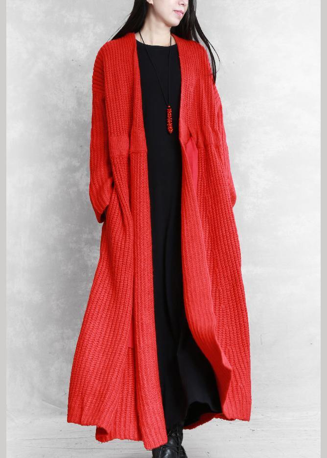 Fine Red Woolen Coats Loose Fitting V Neck Drawstring Long Jackets Coats