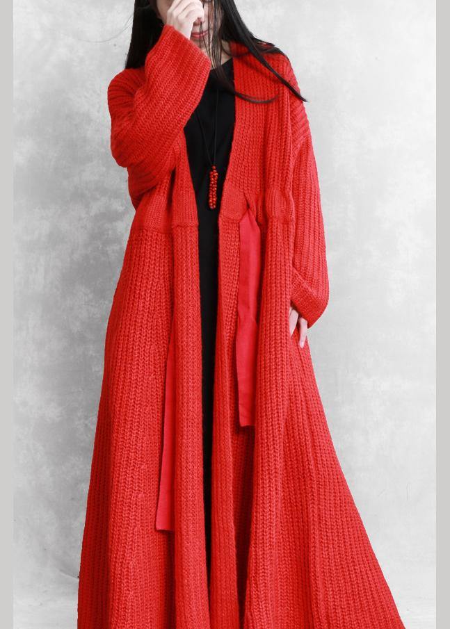 Fine Red Woolen Coats Loose Fitting V Neck Drawstring Long Jackets Coats