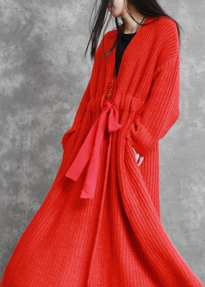 Fine Red Woolen Coats Loose Fitting V Neck Drawstring Long Jackets Coats