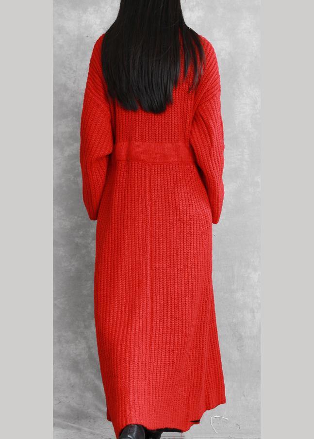 Fine Red Woolen Coats Loose Fitting V Neck Drawstring Long Jackets Coats