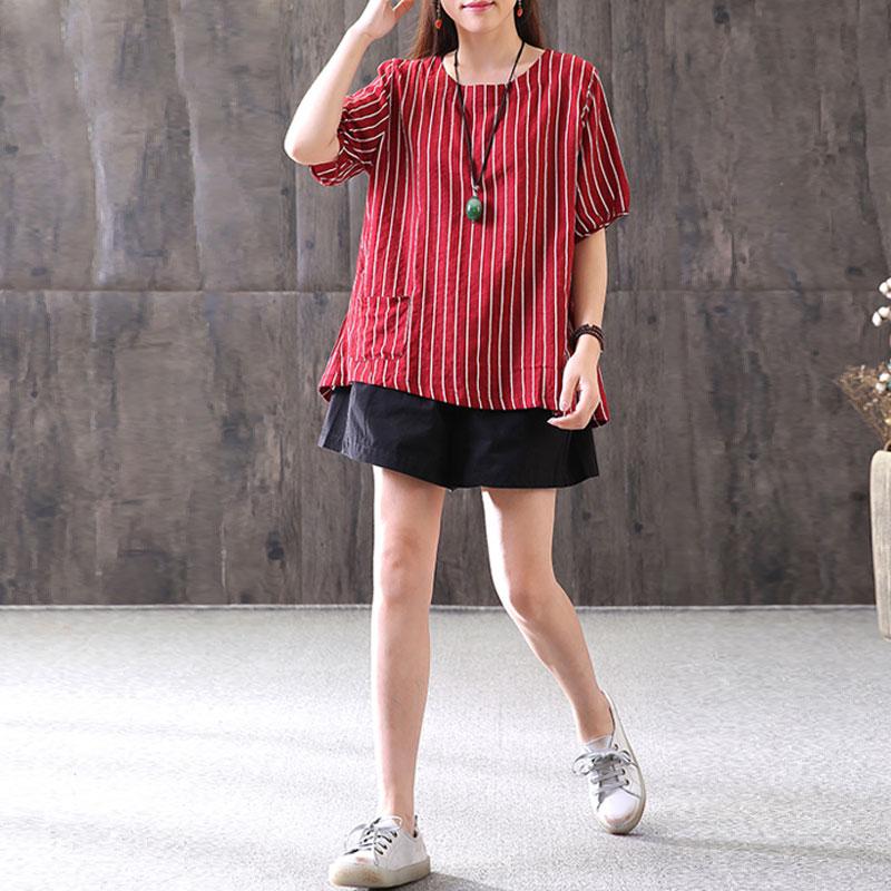 Fine Summer Cotton Blended T Shirt Loose Fitting Stripe Round Neck Short Sleeve Red T-shirt