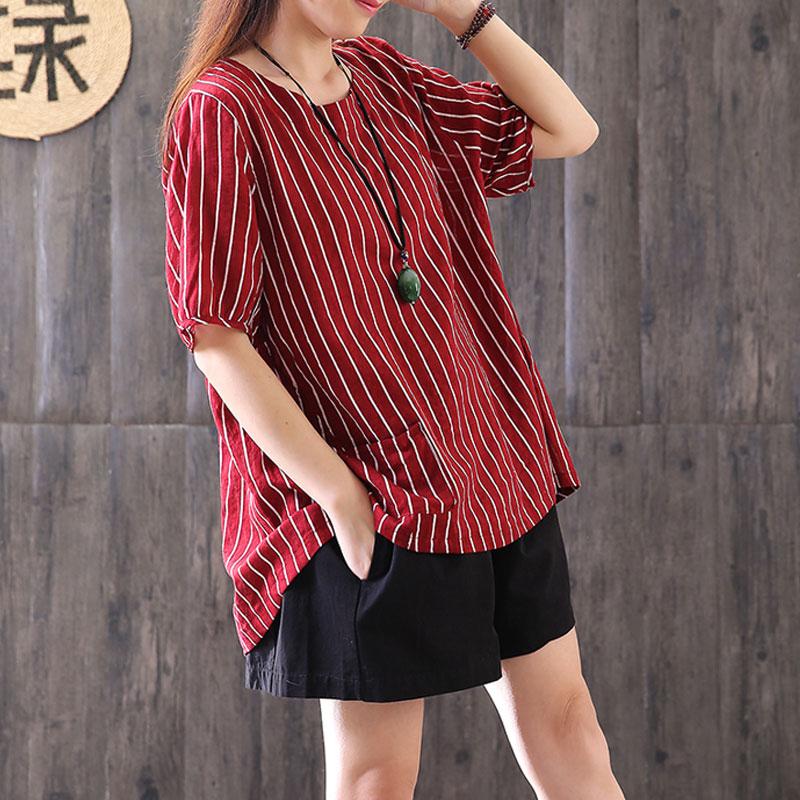 Fine Summer Cotton Blended T Shirt Loose Fitting Stripe Round Neck Short Sleeve Red T-shirt