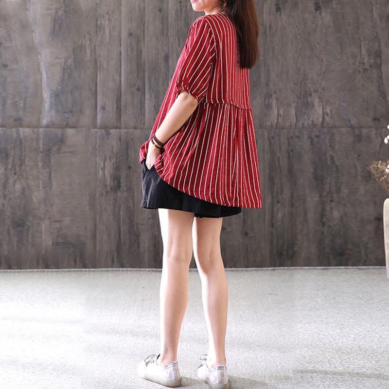 Fine Summer Cotton Blended T Shirt Loose Fitting Stripe Round Neck Short Sleeve Red T-shirt