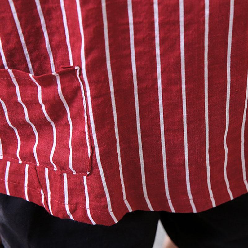 Fine Summer Cotton Blended T Shirt Loose Fitting Stripe Round Neck Short Sleeve Red T-shirt