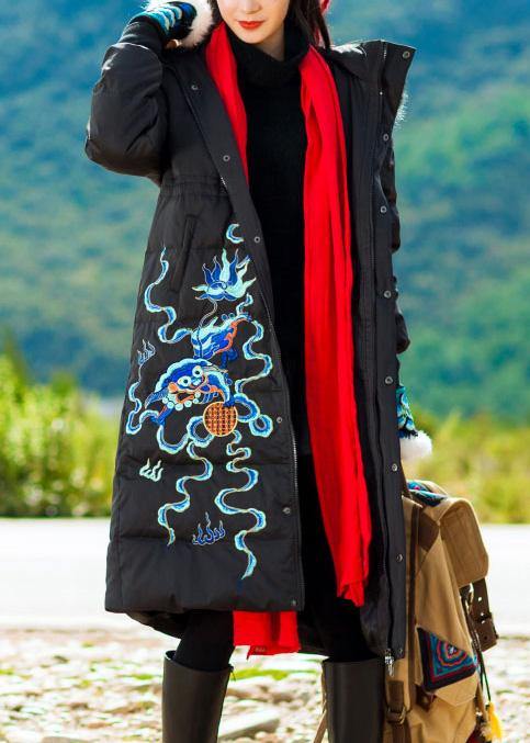 Fine Snow Jackets Embroidery Overcoat Black Hooded Duck Down Coat