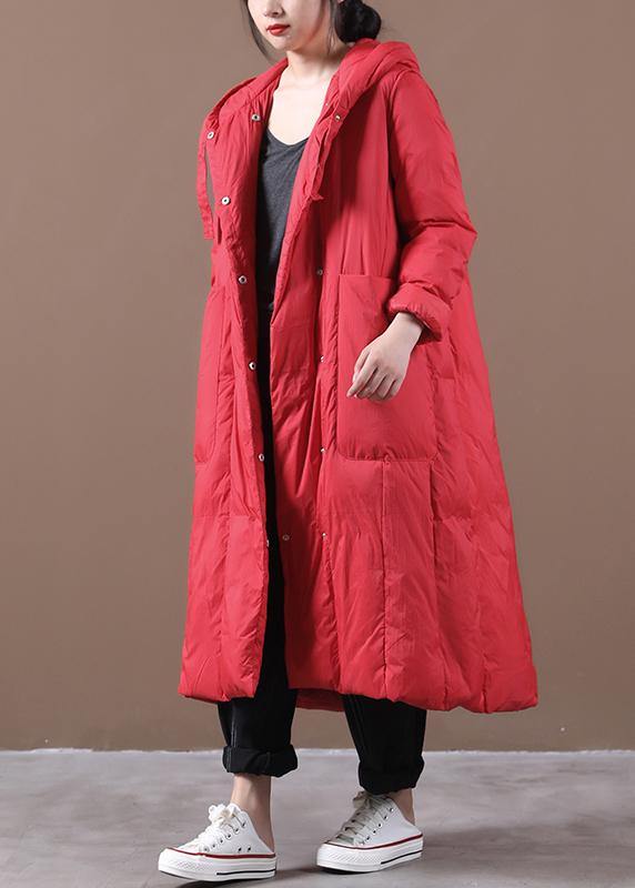 Snow Jackets Winter Outwear Red Hooded Large Pockets Goose Down Coat
