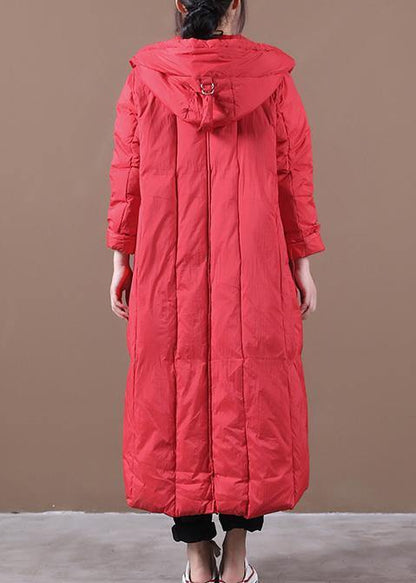 Snow Jackets Winter Outwear Red Hooded Large Pockets Goose Down Coat