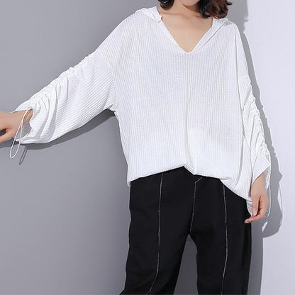 fine white Midi-length cotton blended t shirt oversized Hooded baggy traveling clothing casual long sleeve asymmetrical design cotton blended tops