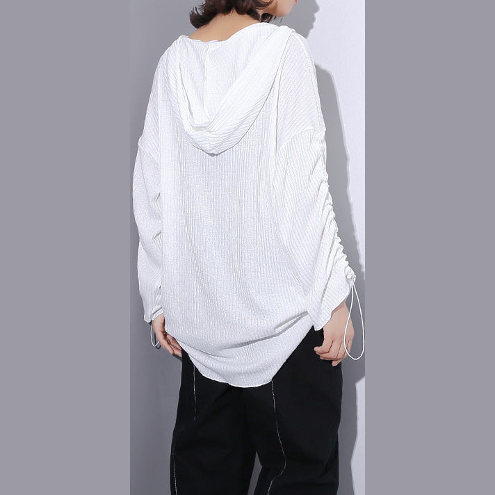 Fine White Midi-length Cotton Blended T Shirt Oversized Hooded Baggy Traveling Clothing Long Sleeve Asymmetrical Design Cotton Blended Tops