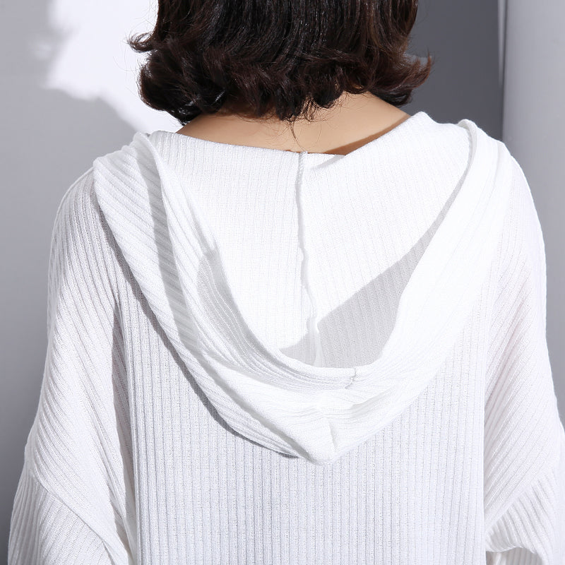 Fine White Midi-length Cotton Blended T Shirt Oversized Hooded Baggy Traveling Clothing Long Sleeve Asymmetrical Design Cotton Blended Tops