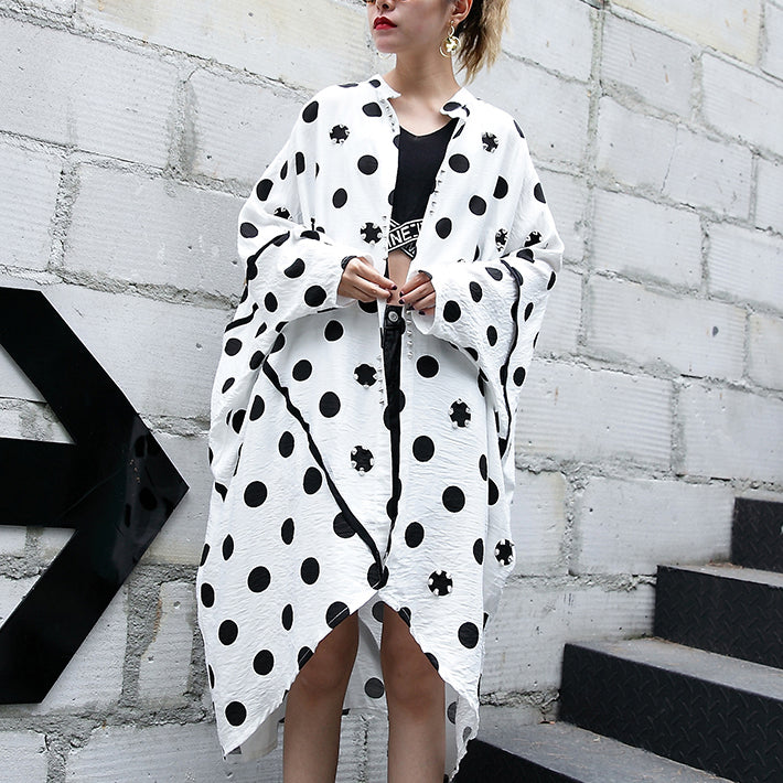 Fine White Cotton Dotted Prints Thin Cardigans Oversized Linen Batwing Sleeve Trench Coat Stand Collar Coats