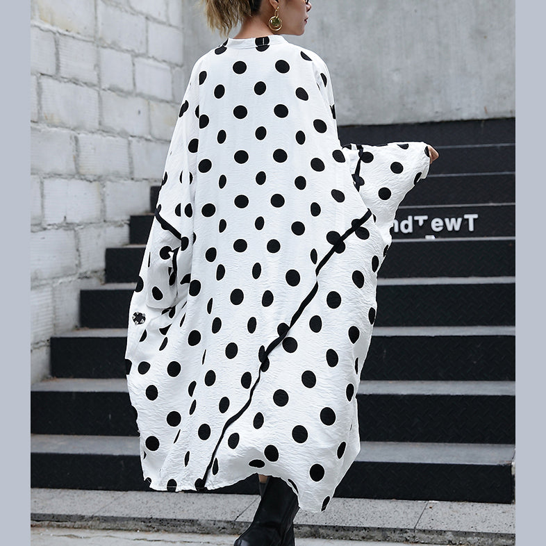 Fine White Cotton Dotted Prints Thin Cardigans Oversized Linen Batwing Sleeve Trench Coat Stand Collar Coats