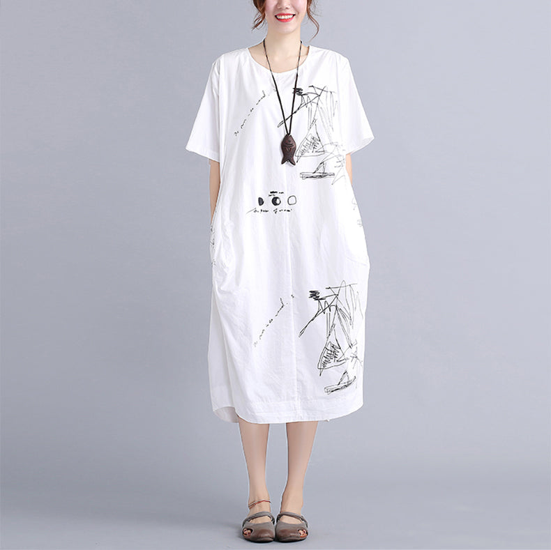 Fine White Cotton Dress Traveling Dress O Neck Prints Natural Cotton Dress