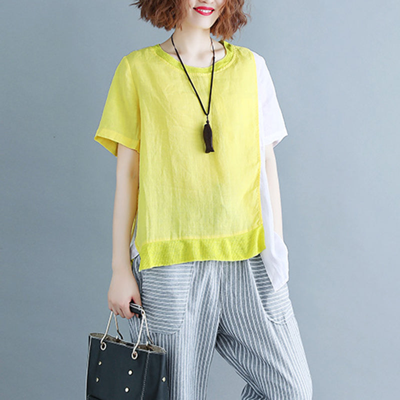 Fine Yellow Cotton Linen Tops Linen Clothing Tops O Neck Patchwork Short Sleeve Brief T Shirt