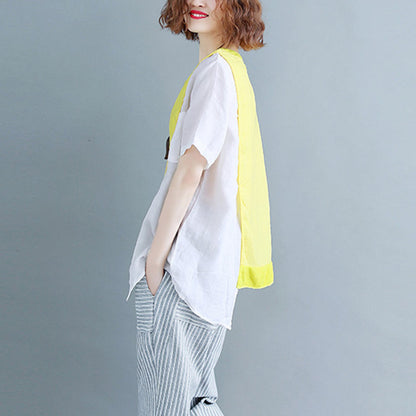 Fine Yellow Cotton Linen Tops Linen Clothing Tops O Neck Patchwork Short Sleeve Brief T Shirt