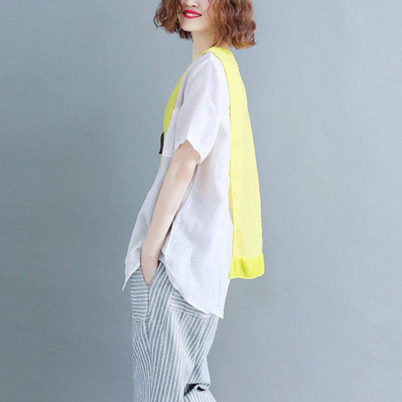 Fine Yellow Cotton Linen Tops Linen Clothing Tops O Neck Patchwork Short Sleeve Brief T Shirt