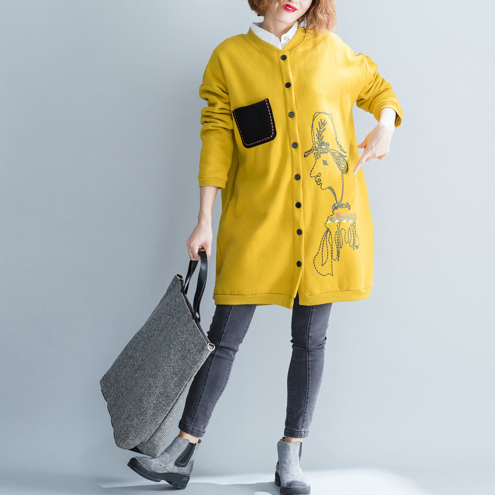 Fine Yellow Cotton Tops Cotton O Neck Print Button Down T Shirt