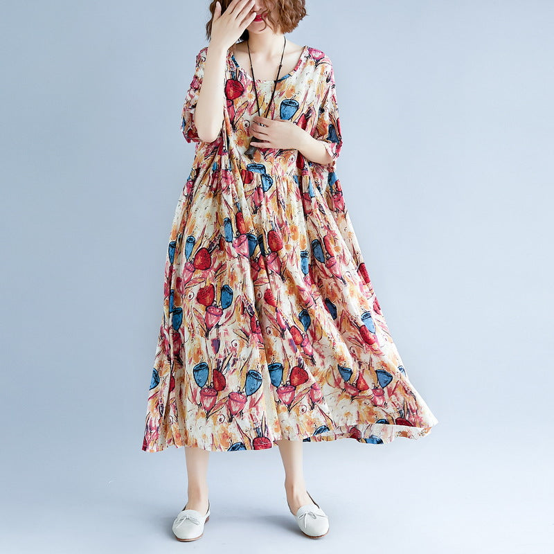 Fine Yellow Long Cotton Linen Dress Oversize Short Sleeve Baggy Dresses Print Gown O Neck Traveling Dress