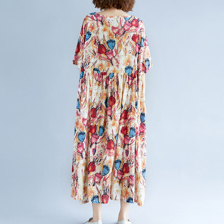 Fine Yellow Long Cotton Linen Dress Oversize Short Sleeve Baggy Dresses Print Gown O Neck Traveling Dress