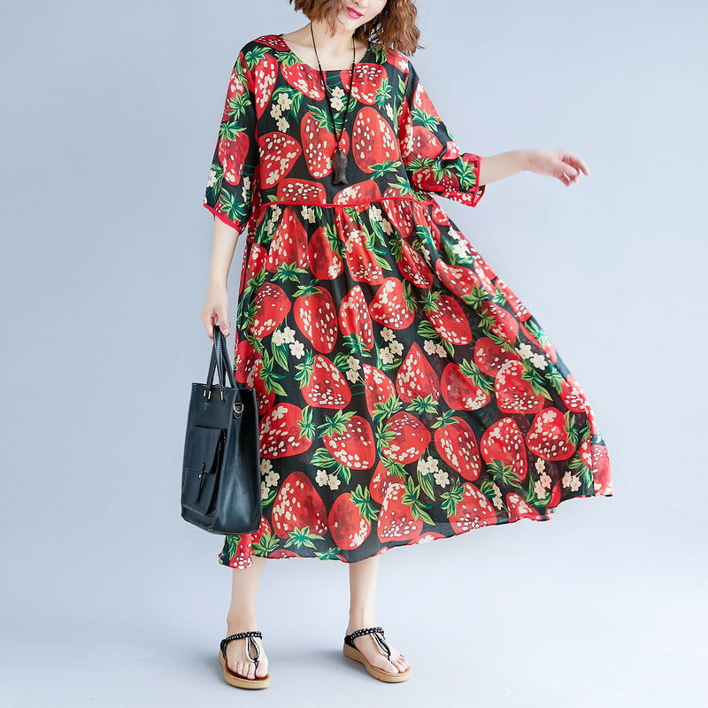 Black Silk Blended Summer Dress O Neck Short Sleeve Summer Dress Print Baggy Dresses