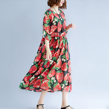 Black Silk Blended Summer Dress O Neck Short Sleeve Summer Dress Print Baggy Dresses