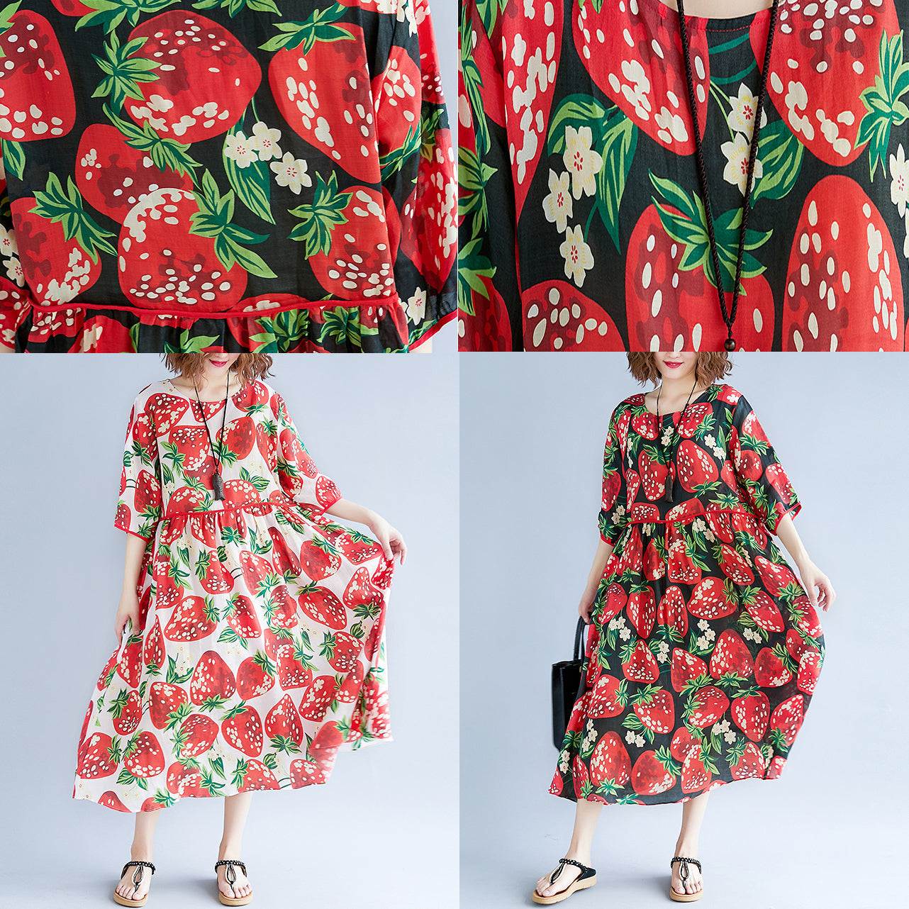 Black Silk Blended Summer Dress O Neck Short Sleeve Summer Dress Print Baggy Dresses