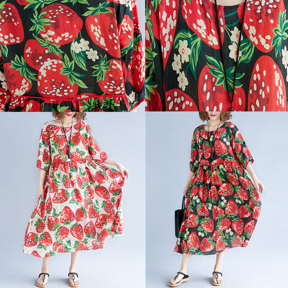 Black Silk Blended Summer Dress O Neck Short Sleeve Summer Dress Print Baggy Dresses