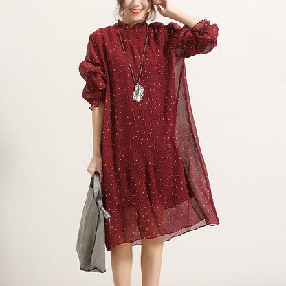 Burgundy Dotted Summer Dress Stand Long Sleeve Bridesmaid Dress Cinched Tulle Dress